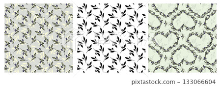 Olive branch hand drawn leaves seamless pattern set for textile design. Simple line art monochrome background Olive branch hand drawn leaves seamless pattern set for textile design. Simple line art monochrome background 133066604