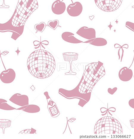 Whimsical cowgirl seamless pattern with hearts and cowboy silhouettes Whimsical cowgirl seamless pattern with hearts and cowboy silhouettes 133066627