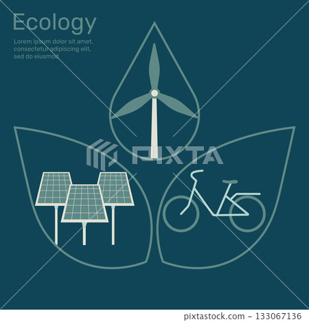 Wind turbine in waterdrop shape, solar cell, bicycle in leaf, Life ecology concept nature conservation. Vector design illustration. 133067136
