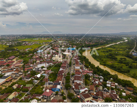 Aerial drone of Banda Aceh city with residential areas and houses. Sumatra, Indonesia. 133067263