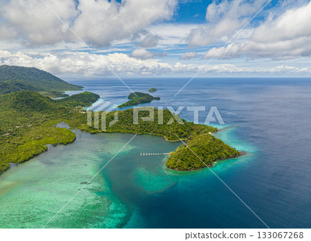 Aerial drone of islands and bays with lagoons in the tropics. Weh Island. Indonesia. 133067268