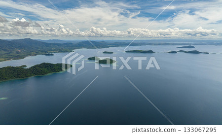 Aerial view of jungle coastline and bay with islands. Borneo. Sabah, Malaysia. 133067295