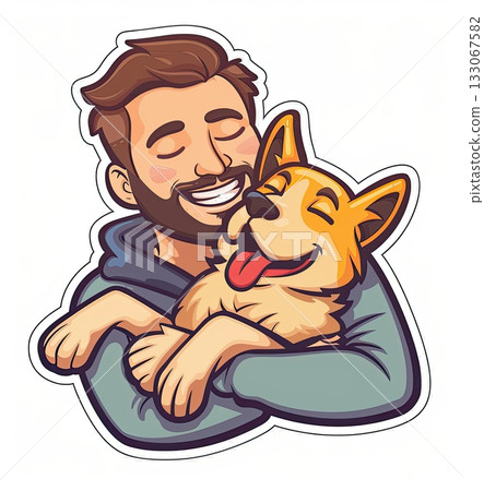 A touching clipart illustration of a boy holding his dog with care, evoking feelings of warmth and companionship. 133067582