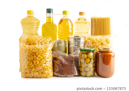 Foodstuff for donation isolated on white background with clipping path. Foodstuff for donation isolated on white background with clipping path. 133067873