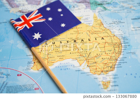 Bangkok, Thailand  January 20, 2022 Australia flag on world map, travel, geography, tourism and exploration. 133067880