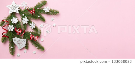Christmas background with fir branches and Christmas decor. Top view, copy space for text Christmas background with fir branches and Christmas decor. Top view, copy space for text 133068083