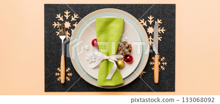 Christmas dinner background with rustic decorations and kitchen utensil . View from above Christmas dinner background with rustic decorations and kitchen utensil . View from above 133068092