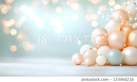 Elegant Arrangement of Soft-Hued Christmas Ornaments on a Pastel Blue Background Elegant Arrangement of Soft-Hued Christmas Ornaments on a Pastel Blue Background 133068216