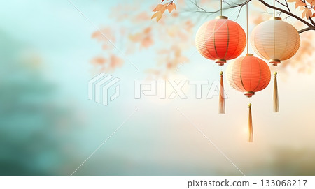 Colorful paper lanterns hanging from branches with soft focus background and gentle light Colorful paper lanterns hanging from branches with soft focus background and gentle light 133068217