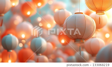 Ethereal Hanging Lanterns Glowing with Warm Light in a Serene Festival Atmosphere Ethereal Hanging Lanterns Glowing with Warm Light in a Serene Festival Atmosphere 133068219