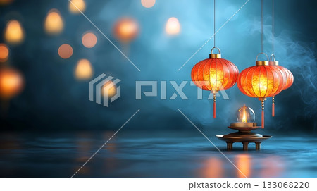 Vibrant Red Lanterns Hanging in Atmospheric Blue Background with Soft Blurred Lights Vibrant Red Lanterns Hanging in Atmospheric Blue Background with Soft Blurred Lights 133068220