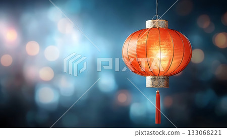 Vibrant Red Lantern Illuminates Night with Soft Glow Against Blurred Background Vibrant Red Lantern Illuminates Night with Soft Glow Against Blurred Background 133068221