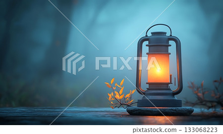Vintage Lantern Illuminates Foggy Forest Pathway with Soft Glow and Serene Atmosphere 133068223