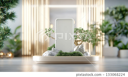 Minimalist Display of Smartphone Surrounded by Greenery and Natural Elements in Modern Setting Minimalist Display of Smartphone Surrounded by Greenery and Natural Elements in Modern Setting 133068224
