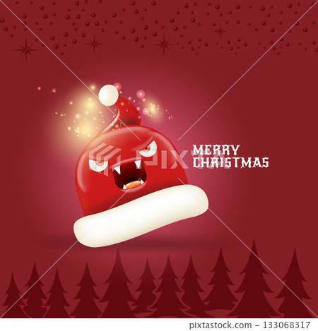 Vector cartoon monster Santa Claus red hat with grinch face on abstract red Christmas background. Merry Christmas greeting card and banner with funny crazy monster Santa Claus hat. Santa hat 133068317