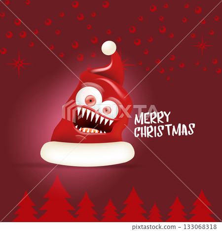 Vector cartoon monster Santa Claus red hat with grinch face on abstract red Christmas background. Merry Christmas greeting card and banner with funny crazy monster Santa Claus hat. Santa hat Vector cartoon monster Santa Claus red hat with grinch face on abstract red Christmas background. Merry Christmas greeting card and banner with funny crazy monster Santa Claus hat. Santa hat 133068318