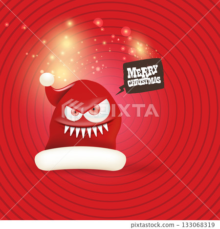 Vector cartoon monster Santa Claus red hat with grinch face on abstract red Christmas background. Merry Christmas greeting card and banner with funny crazy monster Santa Claus hat. Santa hat Vector cartoon monster Santa Claus red hat with grinch face on abstract red Christmas background. Merry Christmas greeting card and banner with funny crazy monster Santa Claus hat. Santa hat 133068319