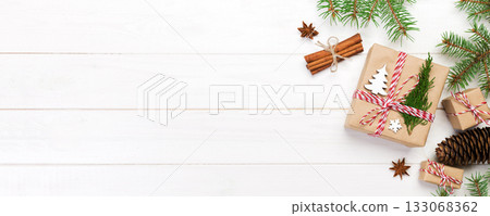 Christmas background with copy space, top view. holiday concept for you design on wooden table 133068362