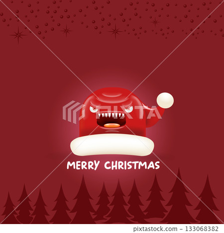 Vector cartoon monster Santa Claus red hat with grinch face on abstract red Christmas background. Merry Christmas greeting card and banner with funny crazy monster Santa Claus hat. Santa hat Vector cartoon monster Santa Claus red hat with grinch face on abstract red Christmas background. Merry Christmas greeting card and banner with funny crazy monster Santa Claus hat. Santa hat 133068382