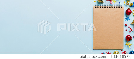 Christmas blank greeting card mock-up scene. Creative layout made of Christmas toy and paper card note. Flat lay. Nature New Year concept 133068574