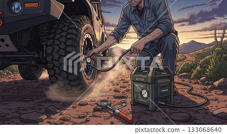 熟練的工人在崎嶇的道路上檢查輪胎氣壓 熟練的工人在崎嶇的道路上檢查輪胎氣壓 133068640