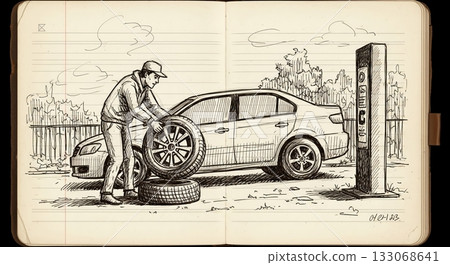 手繪草圖:技工正在更換輪胎 手繪草圖:技工正在更換輪胎 133068641