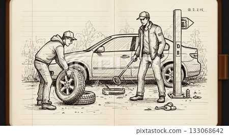 兩個人一起換汽車輪胎 兩個人一起換汽車輪胎 133068642