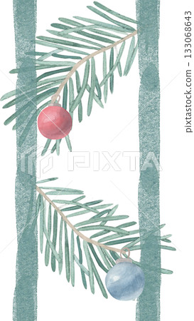 Watercolor seamless pattern Christmas vertical border green stripes fir branches and new year balls. For invitations, cards, posters, seasonal decor, winter holidays poster, wallpaper, stationery Watercolor seamless pattern Christmas vertical border green stripes fir branches and new year balls. For invitations, cards, posters, seasonal decor, winter holidays poster, wallpaper, stationery 133068643