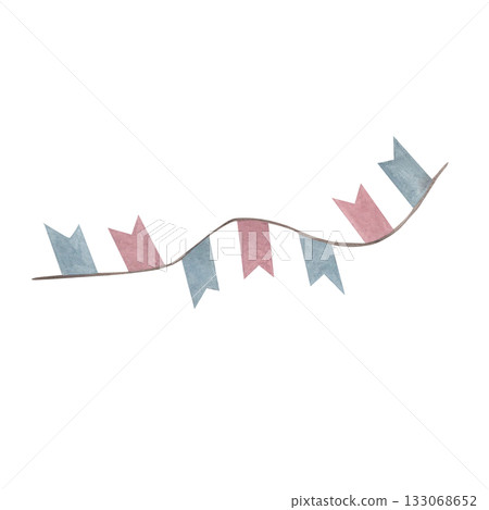Bunting hanging blue and pink garland Flag. Watercolor illustration of triangular garland of muted colors. Drawing of pennants for Baby shower party greeting cards, wedding background and kids party 133068652