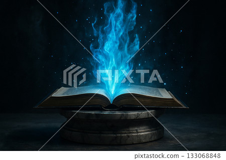 AI generated fantasy scene of an ancient book on a stone altar releasing a bright blue magical flame surrounded by sparkling energy creating a mystical and powerful atmosphere AI generated fantasy scene of an ancient book on a stone altar releasing a bright blue magical flame surrounded by sparkling energy creating a mystical and powerful atmosphere 133068848