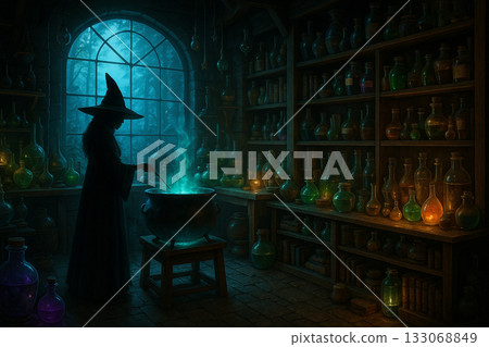 AI generated ultra realistic fantasy scene of a witch working in a magical laboratory with a glowing cauldron mysterious atmosphere enchanted lights and detailed potion bottles AI generated ultra realistic fantasy scene of a witch working in a magical laboratory with a glowing cauldron mysterious atmosphere enchanted lights and detailed potion bottles 133068849