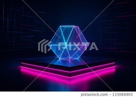AI generated glowing transparent geometric structure on neon stage with digital lines futuristic atmosphere and modern abstract technology concept suitable for innovation and design themes 133068903