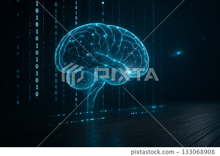AI generated glowing digital brain hologram with binary code and data flow representing artificial intelligence innovation and intelligent computing technology in a futuristic atmosphere AI generated glowing digital brain hologram with binary code and data flow representing artificial intelligence innovation and intelligent computing technology in a futuristic atmosphere 133068908