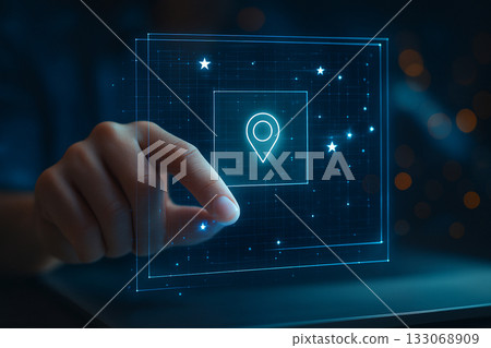 AI generated a high tech digital interface with glowing blue location icon and network data connection representing navigation innovation and futuristic technology concept in a smart virtual world AI generated a high tech digital interface with glowing blue location icon and network data connection representing navigation innovation and futuristic technology concept in a smart virtual world 133068909