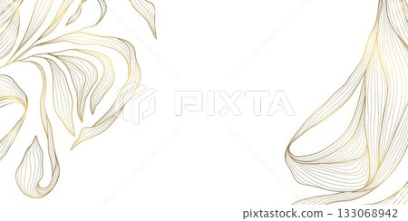 Vector gold floral pattern, elegant line art flowers and leaves, luxury background. Modern design border, frame, wedding cards, branding and decorative template 133068942