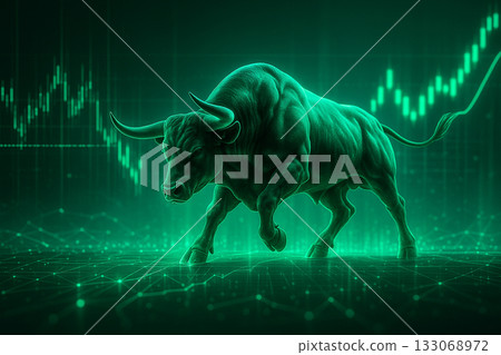 AI generated futuristic digital bull glowing in neon green light symbolizing financial growth technology and market confidence in a sci fi fintech environment with powerful and modern atmosphere AI generated futuristic digital bull glowing in neon green light symbolizing financial growth technology and market confidence in a sci fi fintech environment with powerful and modern atmosphere 133068972
