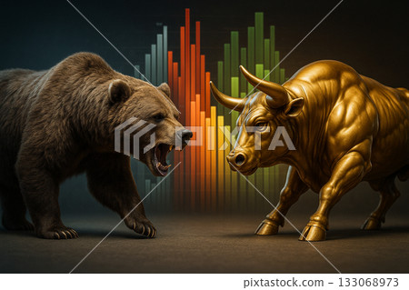 AI generated ultra realistic scene of a roaring bear and a golden bull facing off with colorful financial graphs in the background symbolizing the intense clash between bear and bull markets AI generated ultra realistic scene of a roaring bear and a golden bull facing off with colorful financial graphs in the background symbolizing the intense clash between bear and bull markets 133068973