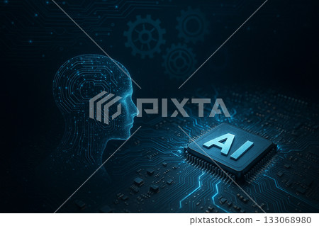 AI generated ultra realistic image of digital human brain silhouette and glowing AI processor chip on dark blue circuit background showing futuristic artificial intelligence innovation concept AI generated ultra realistic image of digital human brain silhouette and glowing AI processor chip on dark blue circuit background showing futuristic artificial intelligence innovation concept 133068980