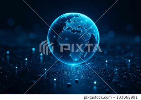AI generated ultra realistic glowing digital earth on electronic circuit board with blue light nodes symbolizing global technology network data connectivity and futuristic innovation concept AI generated ultra realistic glowing digital earth on electronic circuit board with blue light nodes symbolizing global technology network data connectivity and futuristic innovation concept 133068981