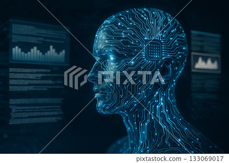 AI generated ultra realistic digital artwork showing human head made of glowing blue circuits surrounded by data panels and abstract light network symbolizing advanced AI technology and intelligence AI generated ultra realistic digital artwork showing human head made of glowing blue circuits surrounded by data panels and abstract light network symbolizing advanced AI technology and intelligence 133069017
