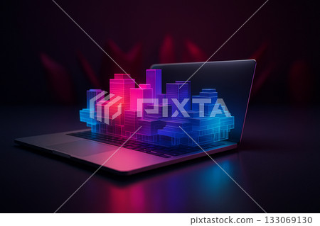 AI generated futuristic digital scene showing a glowing 3D holographic city emerging from a laptop symbolizing virtual world innovation smart technology and creative digital development 133069130