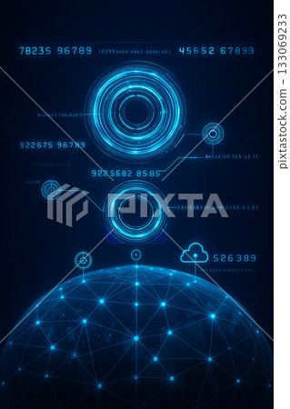 AI generated glowing holographic blue circles and data codes over a digital globe symbolizing advanced AI systems technology and global network connectivity 133069233