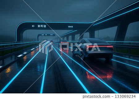 AI generated of autonomous electric cars driving on neon illuminated smart highway in the rain representing futuristic transportation technology innovation and intelligent mobility system 133069234