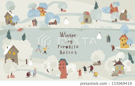 Cartoon Happy People enjoying Snow in the Small Town. Winter Landscape 133069419