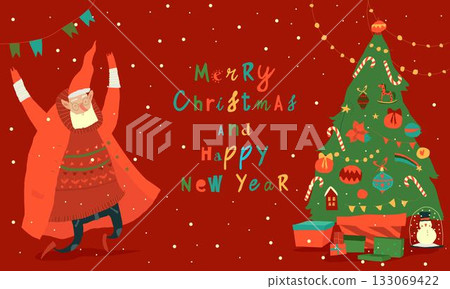 Santa Claus jumping near Christmas Tree 133069422