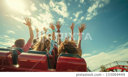 Glee and laughter fill the air as riders conquer sharp turns on the roller coaster, hands lifted in joy. 133069449