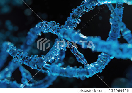 A digitally enhanced 3D blue DNA model, showcasing the twisted strands that define the genetic makeup of life forms. 133069456