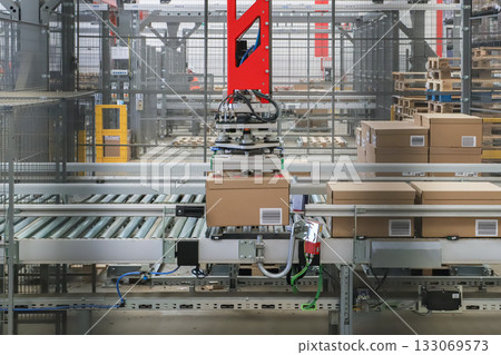 packing line in a logistics warehouse. conveyor belt in a modern production line 133069573
