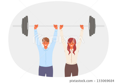 Team of business employees lifting barbell together, demonstrating teamwork on complex project 133069684