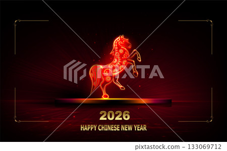 Happy Chinese New Year 2026. Illustration with a golden, exquisite fire horse on a podium 133069712
